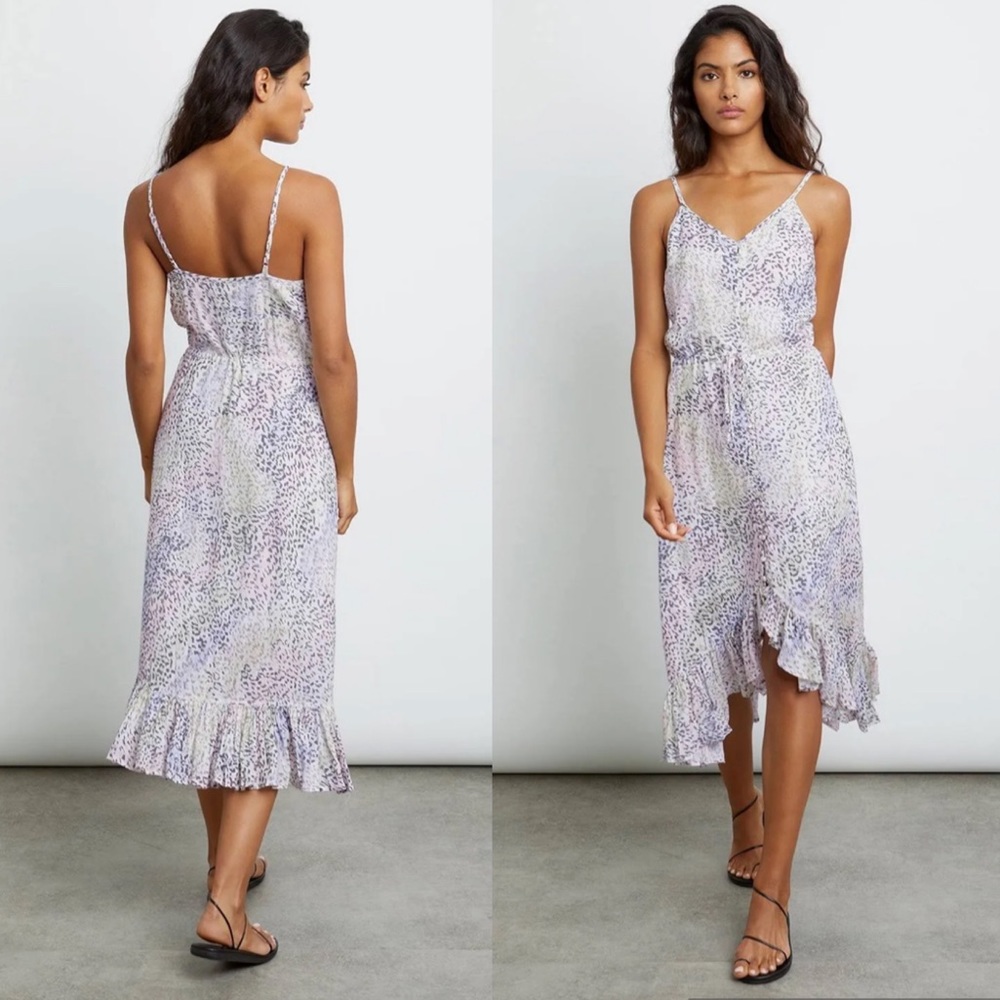 RAILS Frida Linen Rainbow Cheetah Print Ruffled Spaghetti Strap Midi Dress S
